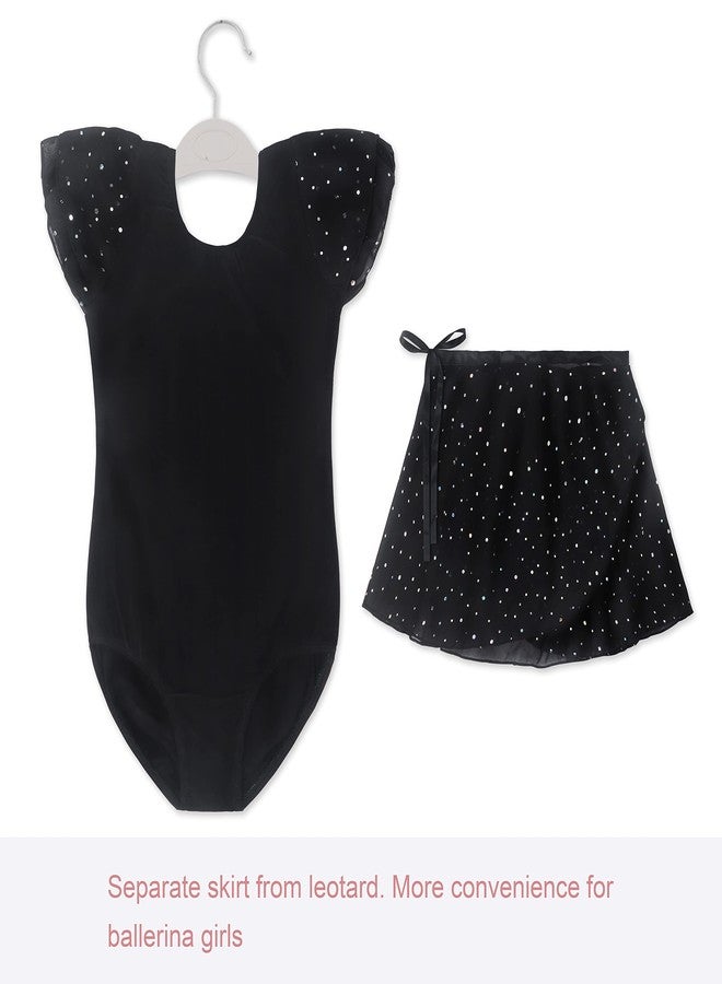 EQSJIU Ruffle Sleeve Skirted Leotards for Girls Ballet Black Size 7-8 7/8 Years Old Sequins Sparkly Sparkles 2 Set Adjustable Skirt Ballerina Dress - Image 3